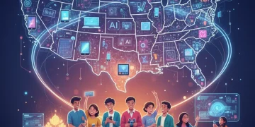 Digital illustration of technology connecting communities for social good across the US.