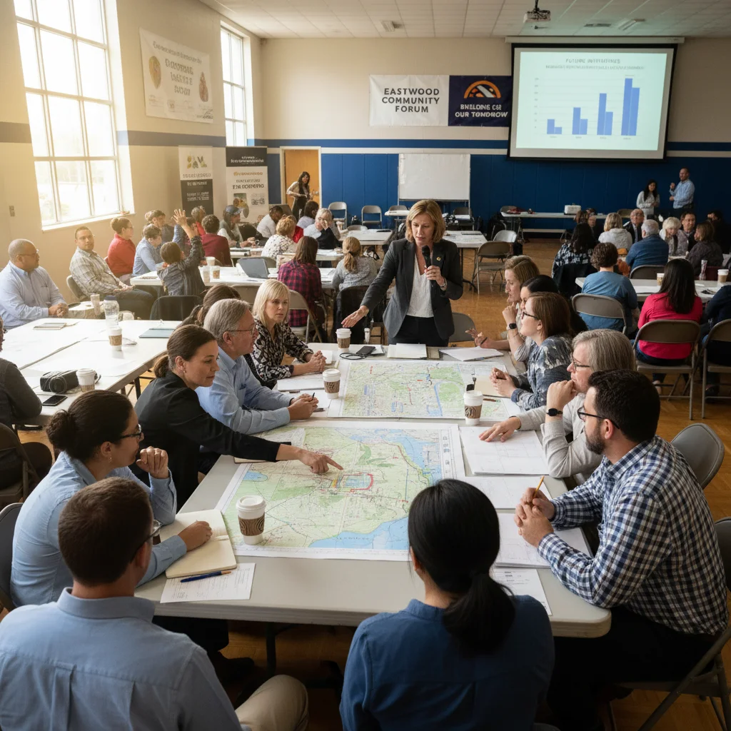 Local community leaders and residents discussing development plans in a town hall.