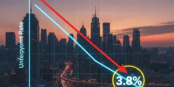 Unemployment Trends 2026: National Rate Stabilization Forecast Graph showing unemployment rate stabilizing at 3.8% by Q3 2026 with city background