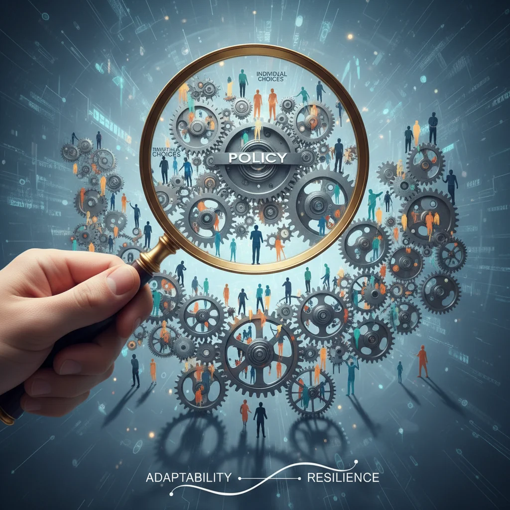 Conceptual image of policy and technology influencing future labor market dynamics and workforce adaptability.
