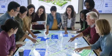 Diverse group collaborating on urban planning with data
