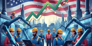 2026 Trade Policies: Boosting US Manufacturing by 15% Modern US manufacturing facility with robots and diverse workforce, symbolizing 15% growth from 2026 trade policies.