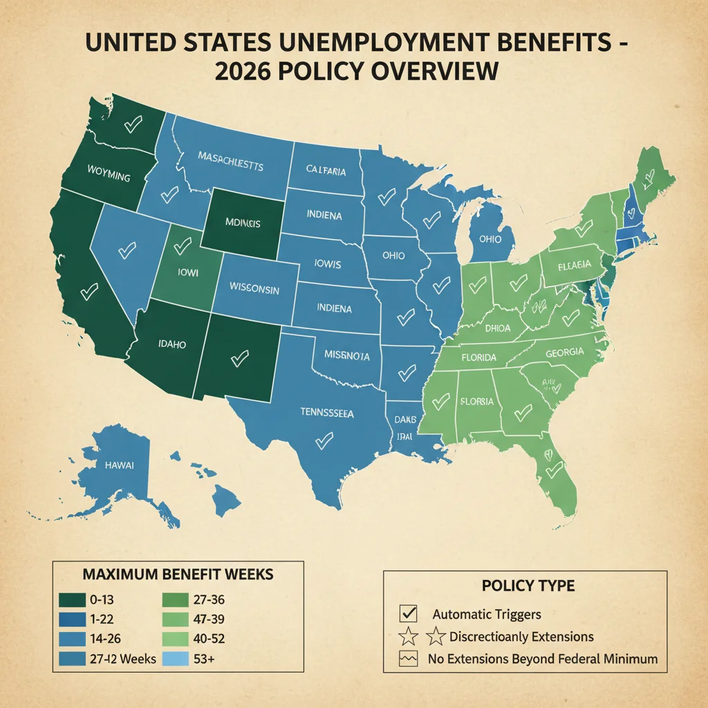 US map showing state-specific unemployment benefit policies in 2026.