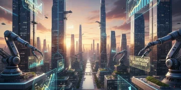 Futuristic cityscape with financial projections representing venture capital growth.