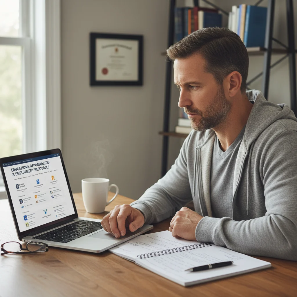 Veteran researching educational and employment benefits online.