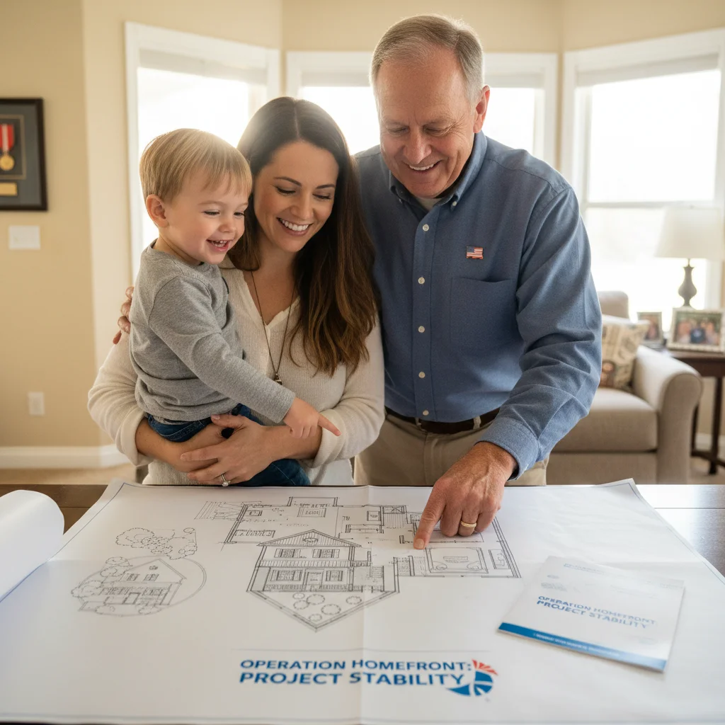 Veteran family reviewing house plans, representing housing benefits.