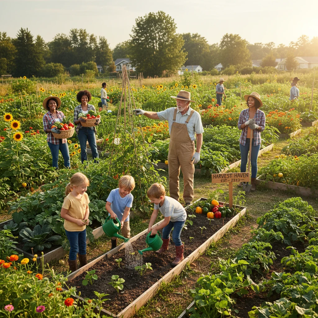 Vibrant community garden with diverse residents working together