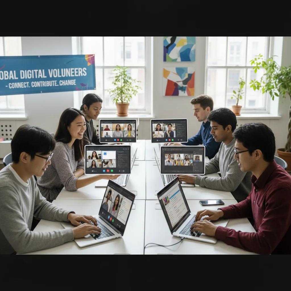 Young, diverse adults engaging in virtual volunteering on laptops.