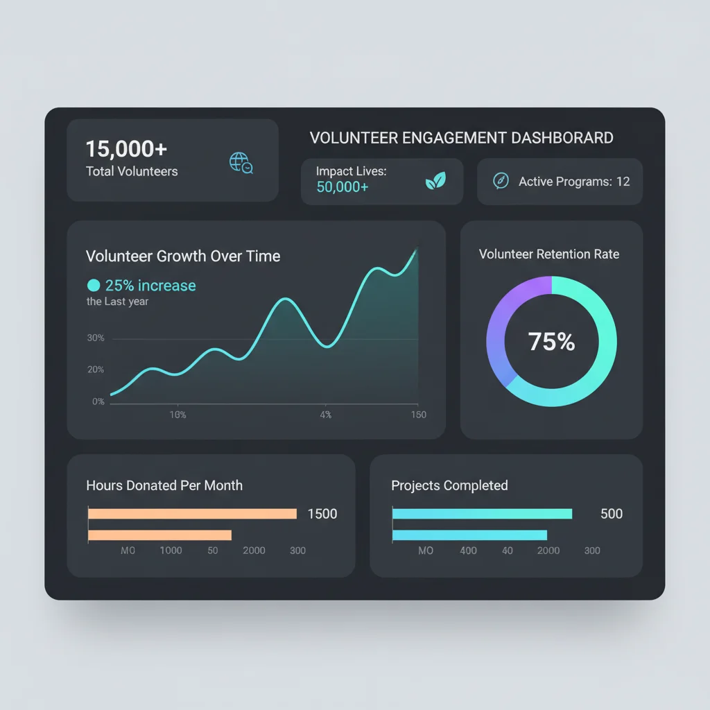 Digital dashboard showing volunteer engagement growth and impact metrics.