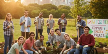Diverse youth collaborating on a community project, symbolizing social impact.