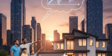 Modern cityscape with family viewing 'Sold' house sign, representing 2026 housing market growth and economic influence.