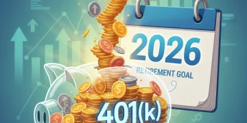 Growing stack of coins inside a 401(k) piggy bank with 2026 calendar, symbolizing retirement savings growth.