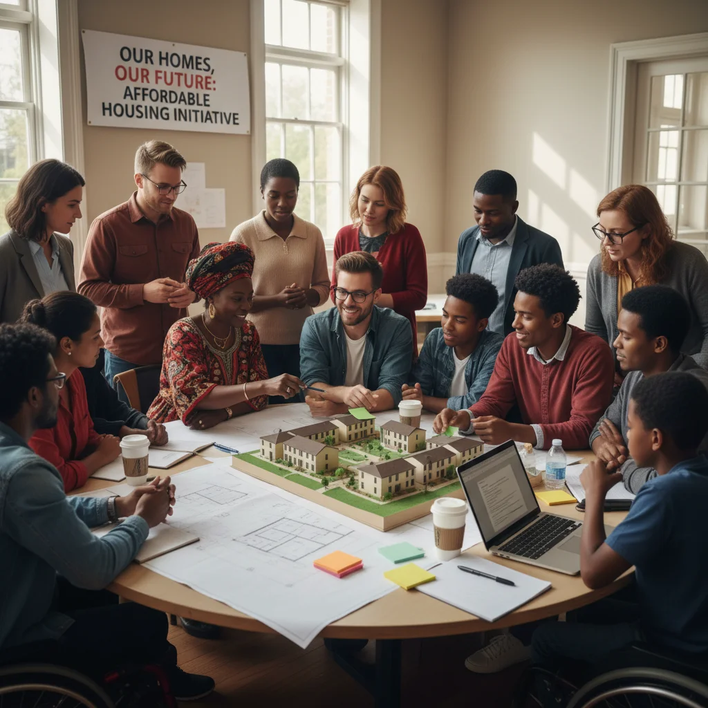Community leaders and residents planning a new affordable housing project.