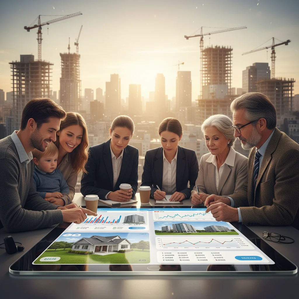 Diverse group of consumers and investors analyzing housing options on a tablet, reflecting market behavior and investment trends.