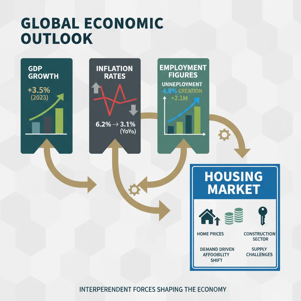 Infographic displaying interconnected economic indicators and their influence on the housing market.