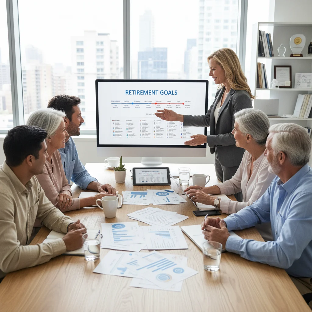 Group of people consulting with a financial advisor about retirement planning and future investments.