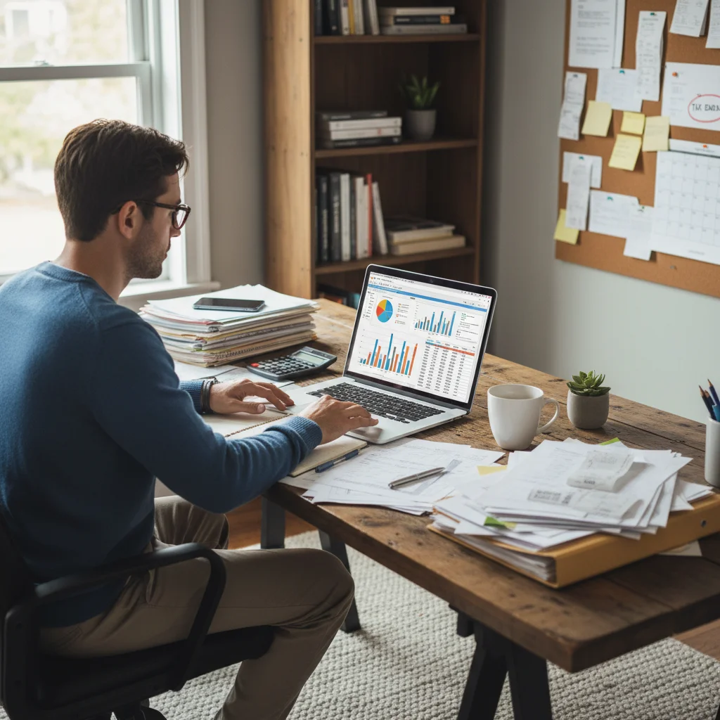 Individual meticulously reviewing financial records for tax preparation.