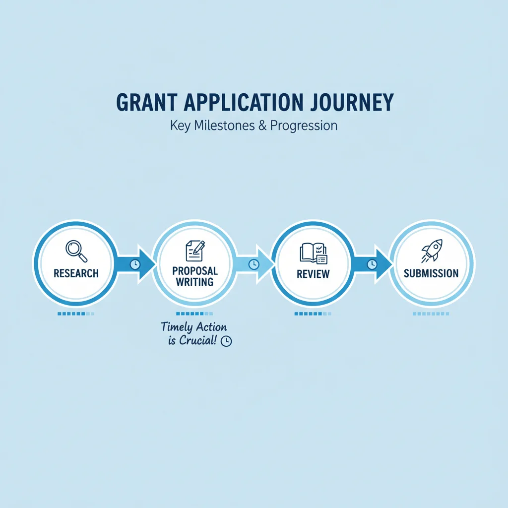 Infographic showing a grant application timeline with key stages and deadlines.