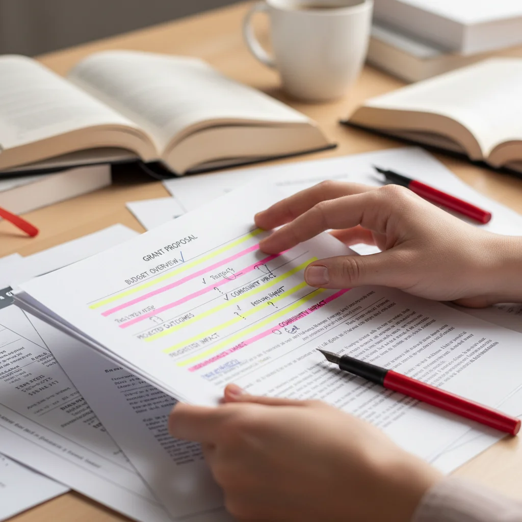 Hand reviewing a detailed social justice grant proposal, emphasizing thoroughness.