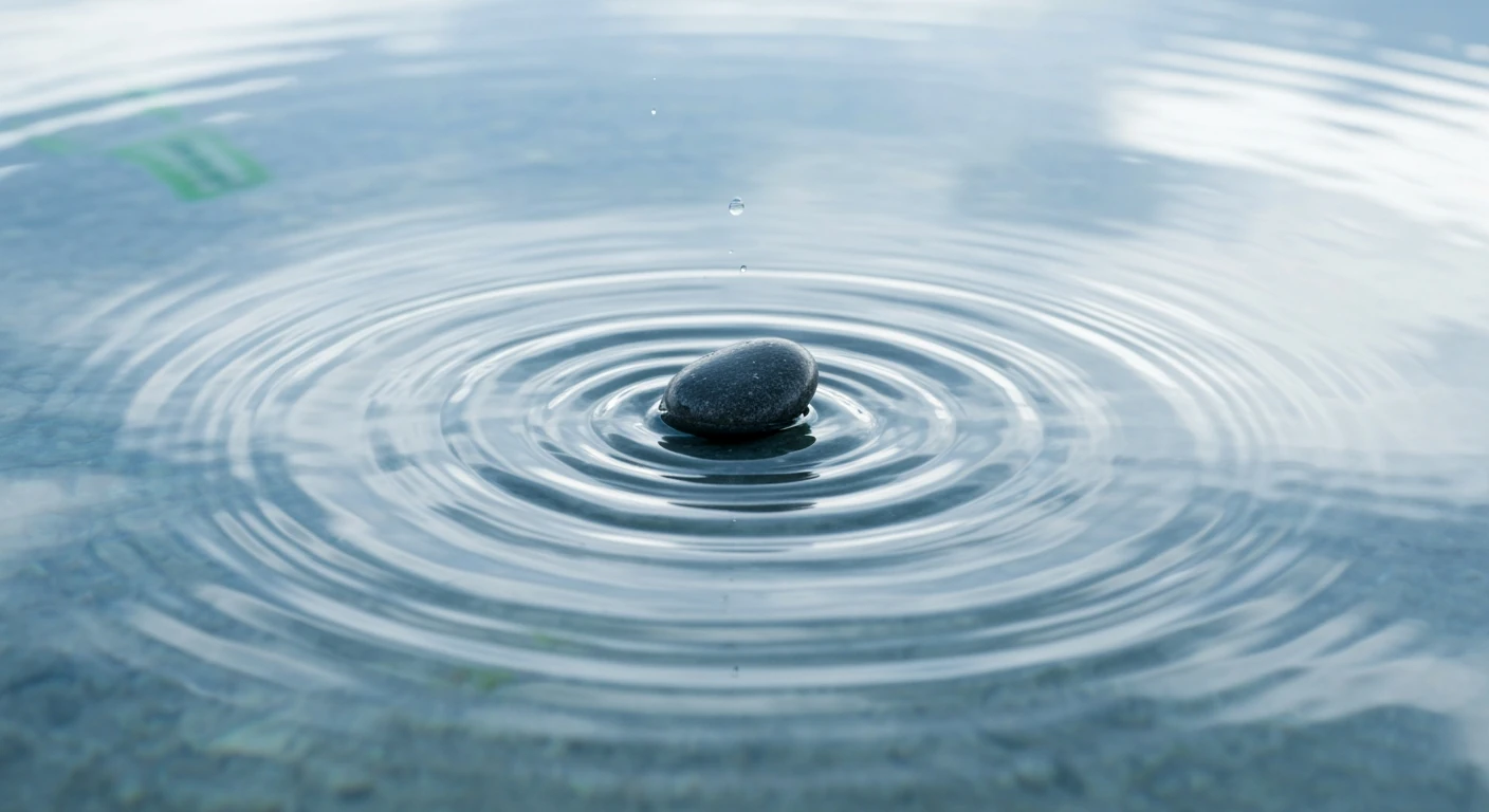 A smooth river stone creating expanding ripples in a still pool of water, symbolizing the widespread effects of social impact and sustainable community growth.