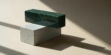 A minimalist modern photograph showing a polished dark green marble block supporting a weathered grey concrete block, symbolizing the disparity between economic indicators and social well-being.