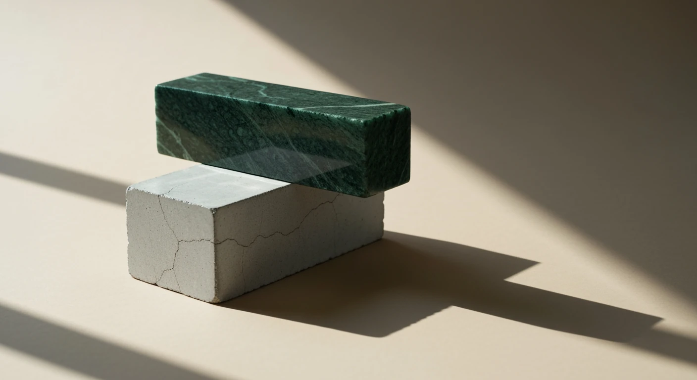 A minimalist modern photograph showing a polished dark green marble block supporting a weathered grey concrete block, symbolizing the disparity between economic indicators and social well-being.