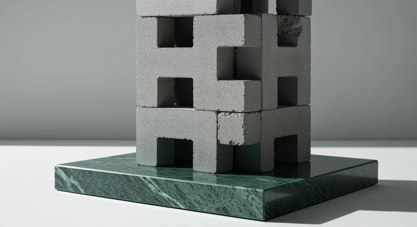 A minimalist architectural photograph showing a towering structure of matte grey concrete blocks resting on a polished slab of deep emerald green marble, symbolizing the foundation of public benefits.