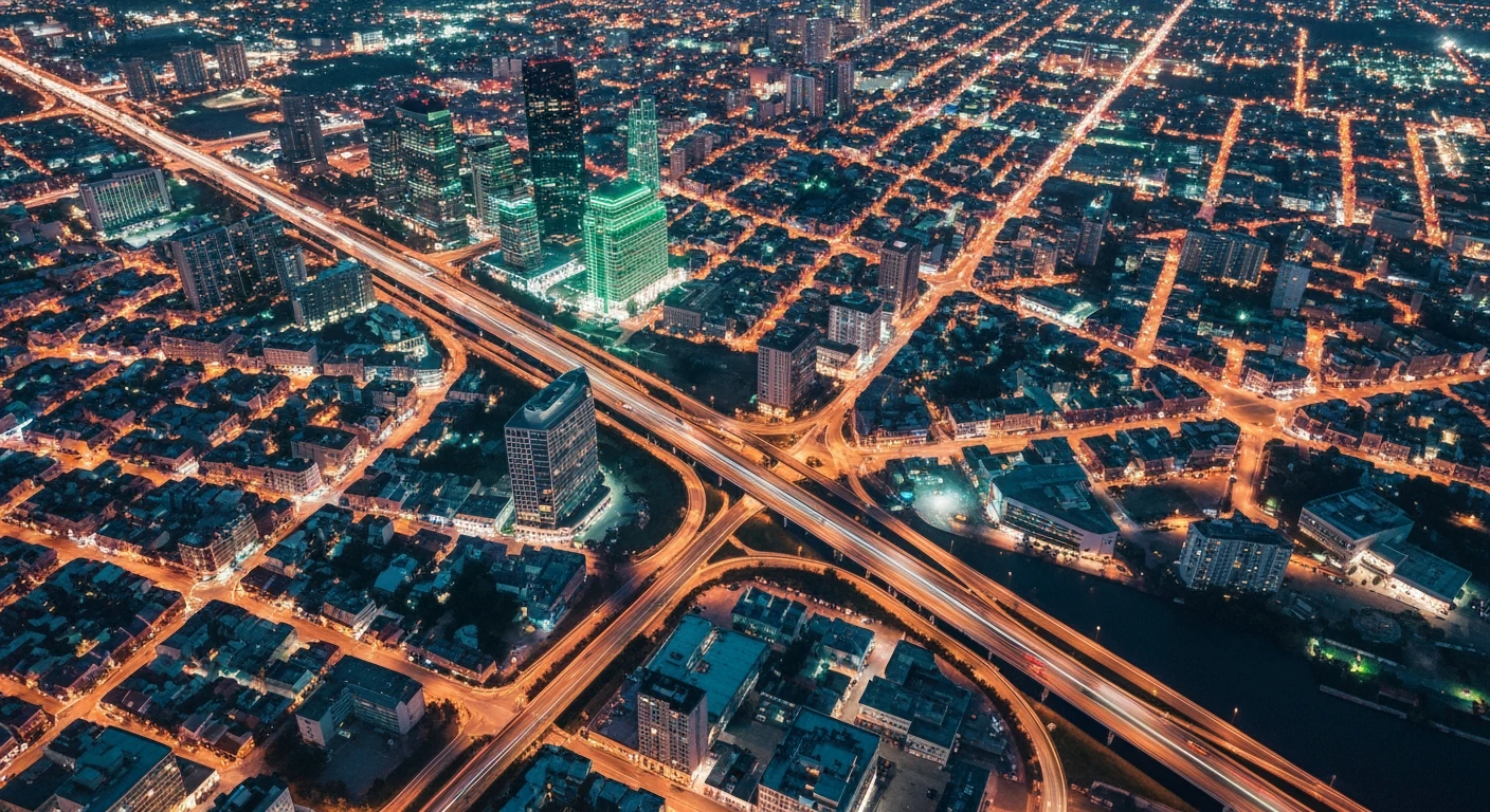 An aerial drone photograph of a city at twilight, showing geometric patterns of streetlights and building illumination in amber and green, symbolizing macroeconomic forces shaping urban life. The image represents the interconnectedness of economic indicators with daily financial well-being.