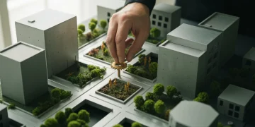High-angle view of a miniature urban model featuring interconnected concrete and aluminum buildings with green moss bridges, representing economic infrastructure and community health.
