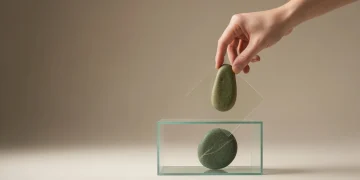 A hand placing a green polished stone onto a minimalist frosted glass structure, symbolizing public benefits as a societal safety net.