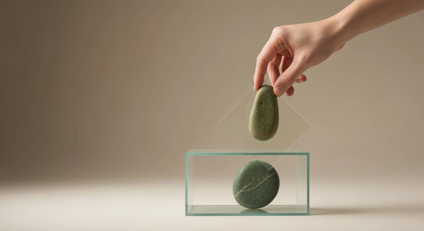 A hand placing a green polished stone onto a minimalist frosted glass structure, symbolizing public benefits as a societal safety net.