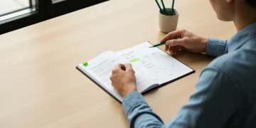 A person reviewing financial documents on a minimalist desk, assessing income, expenses, debt, and savings to understand their current financial health. A green marker highlights key figures on the ledger.