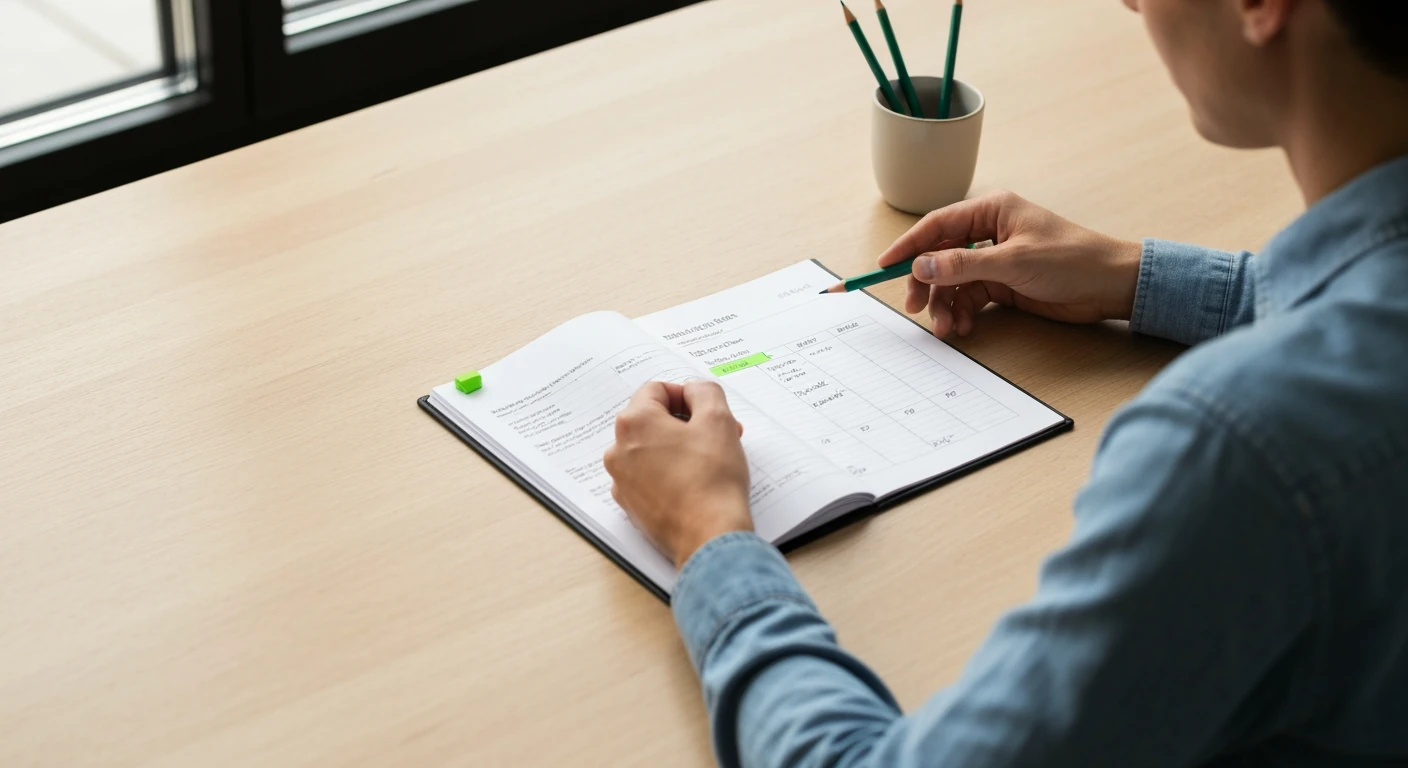 A person reviewing financial documents on a minimalist desk, assessing income, expenses, debt, and savings to understand their current financial health. A green marker highlights key figures on the ledger.