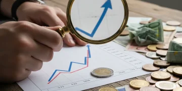 Hand with magnifying glass over inflation chart and money