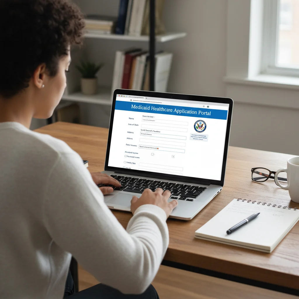Person completing online Medicaid application form