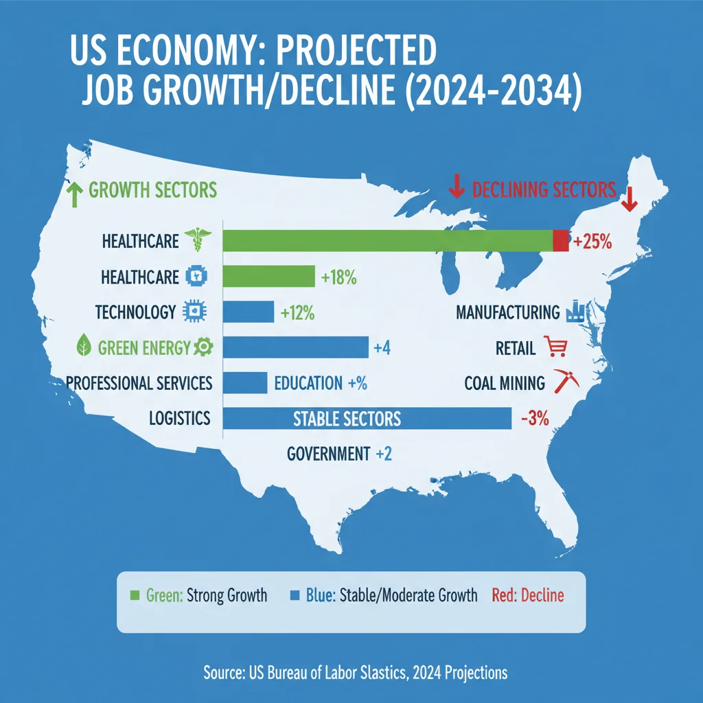 Infographic detailing sector-specific job growth and decline in the US economy.