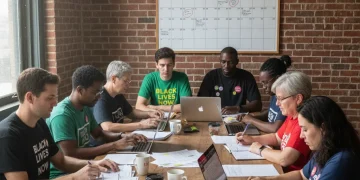 Diverse group collaborating on 2026 social justice grant applications, highlighting urgency.
