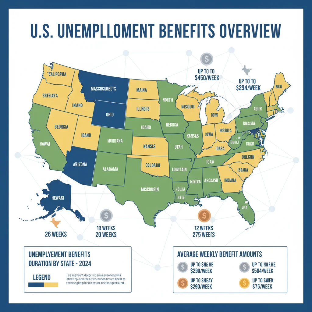 Infographic comparing unemployment benefit durations across different US states.
