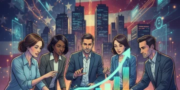Illustration of a thriving US labor market in 2026 with diverse workers and economic growth charts.