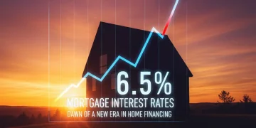 House silhouette with rising sun and mortgage rate graph showing 6.5% interest.