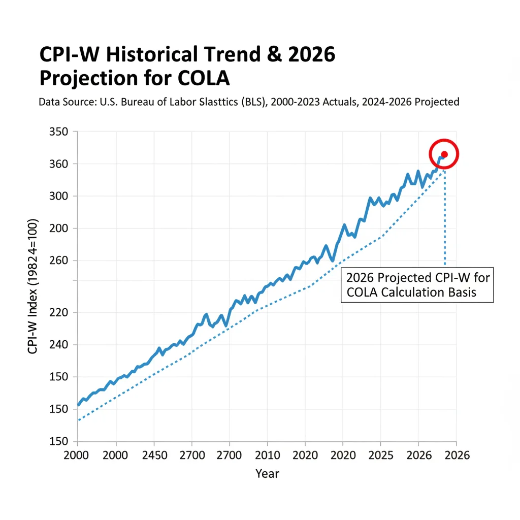 Historical CPI-W graph showing inflation trends and projected 2026 COLA calculation basis.