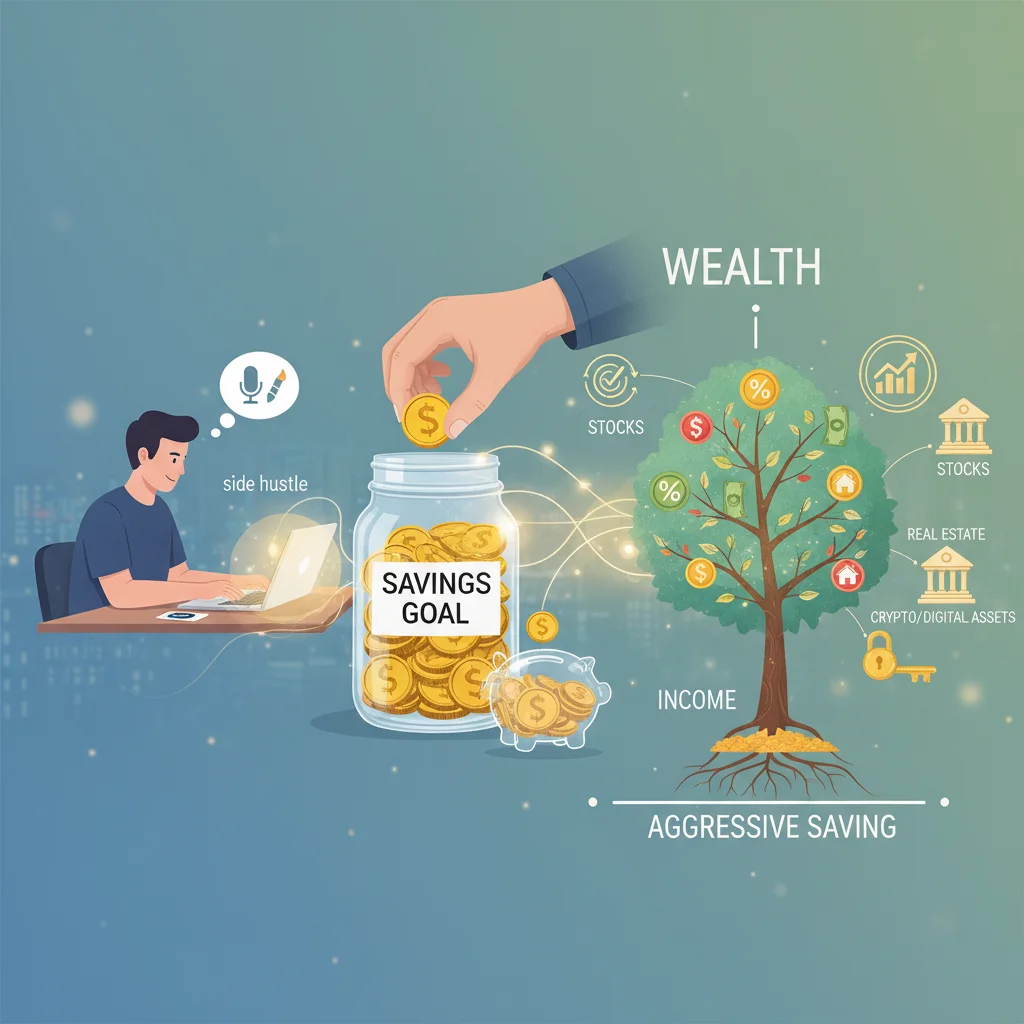 Multiple income streams and saving methods depicted, including side hustles and investment symbols.