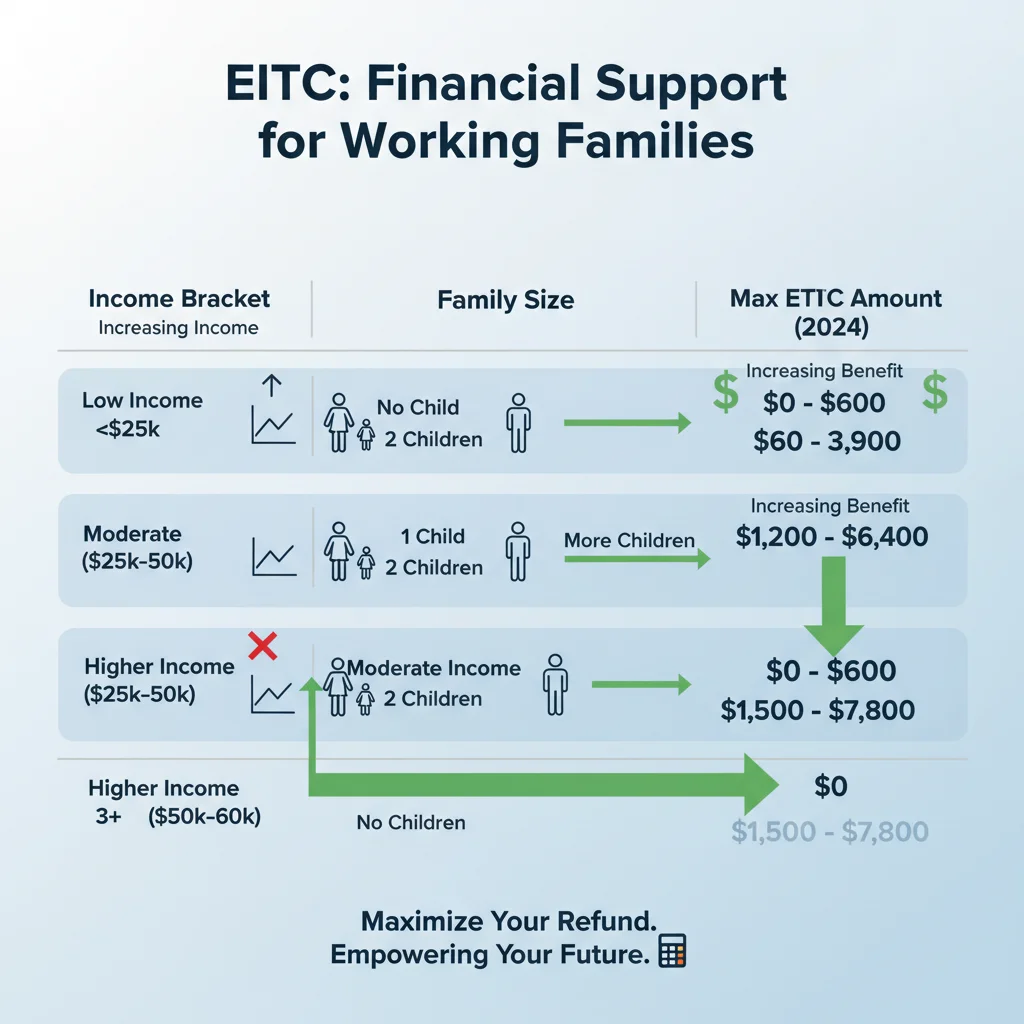 Infographic showing EITC income limits and credit amounts by family size