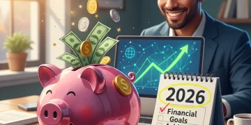 Piggy bank with money and a calendar highlighting 2026, symbolizing an emergency fund goal.