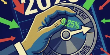 Federal Reserve interest rate dial with 2026 calendar, showing a 0.25% adjustment.