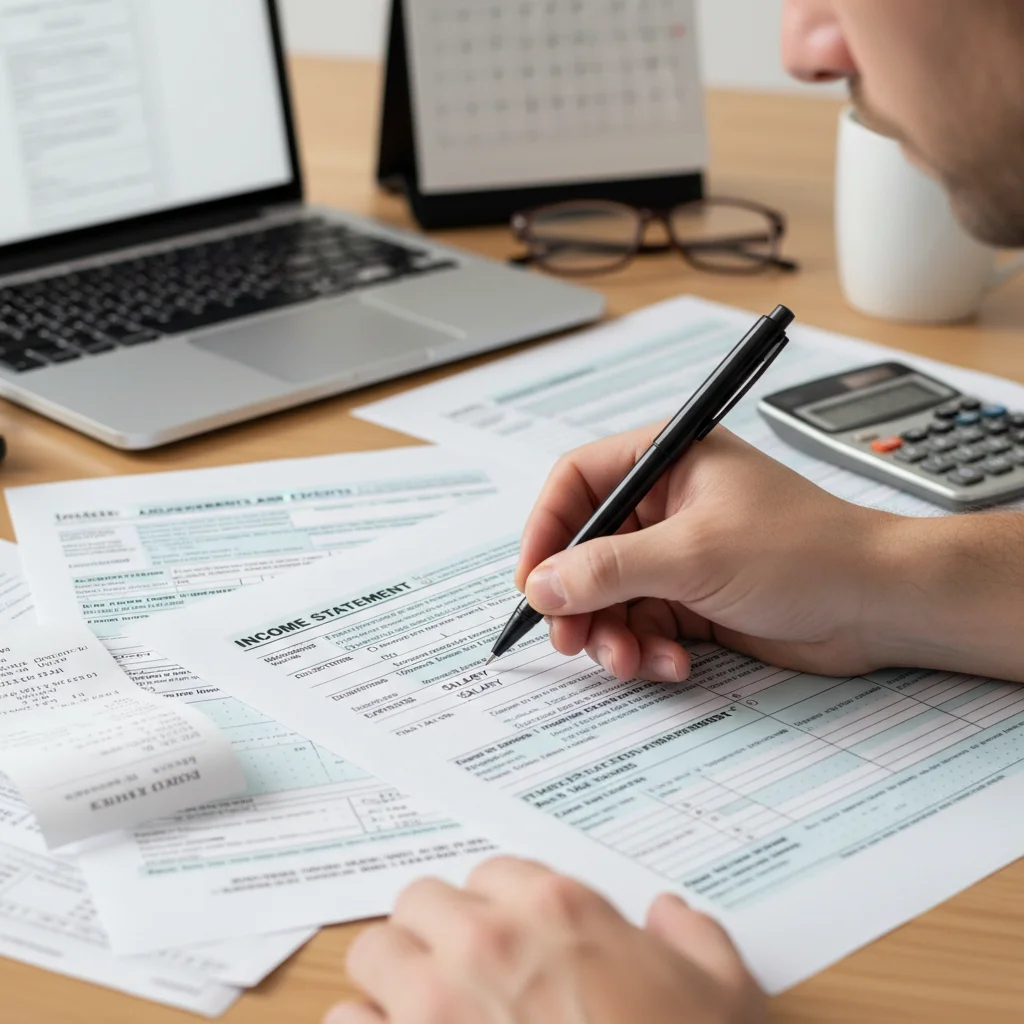 Person meticulously filling out tax forms for EITC