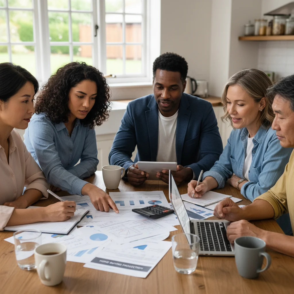 Diverse group discussing financial planning for home buying at a kitchen table.
