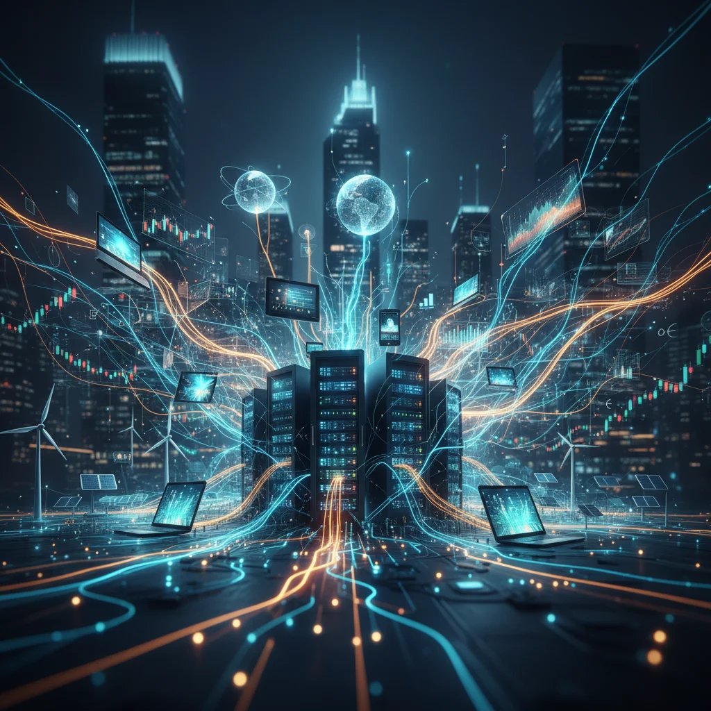 Interconnected global digital network infrastructure with glowing data lines