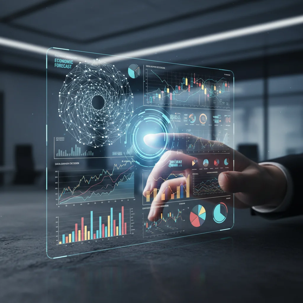 Holographic data interface showing economic projections and analytics