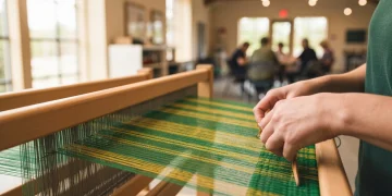A person's hands carefully weaving green and gold threads into a strong fabric on a wooden loom, symbolizing the intricate connection between economics and social stability.